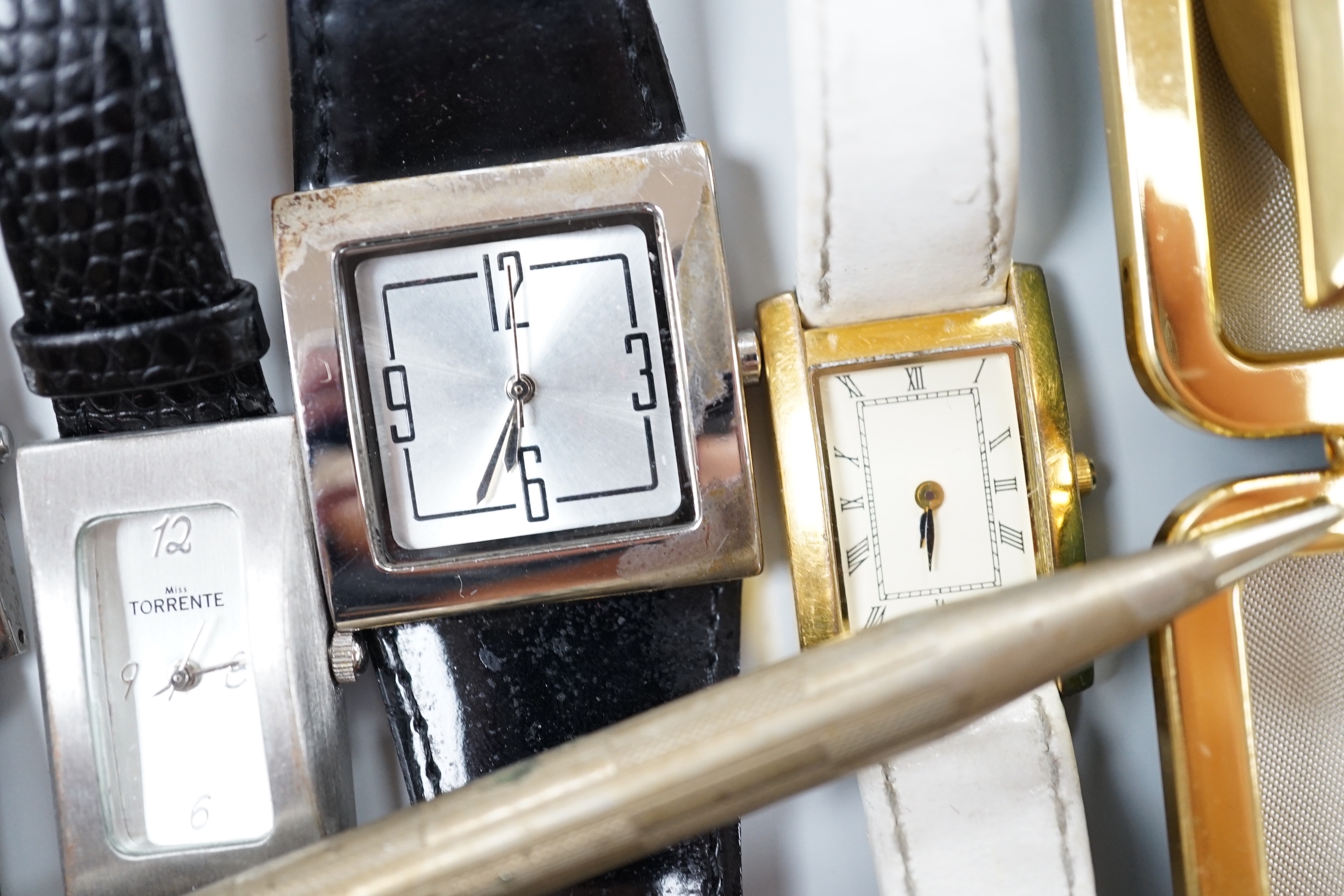 Two 9ct thin bands, a Swedish white metal Elona bangle and a quantity of assorted watches and costume jewellery.